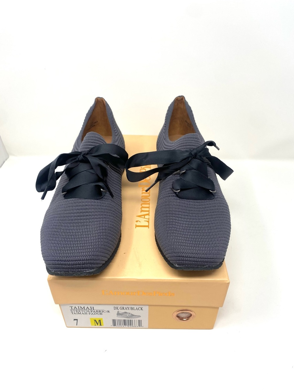 L'Amour Gray Knit Women’s Slip-On Loafers with Black Ribbon Laces